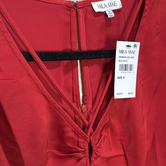 MILA MAE Satin Tie Neck Long Sleeve Midi Dress - Red Rust - Picture 5 of 6